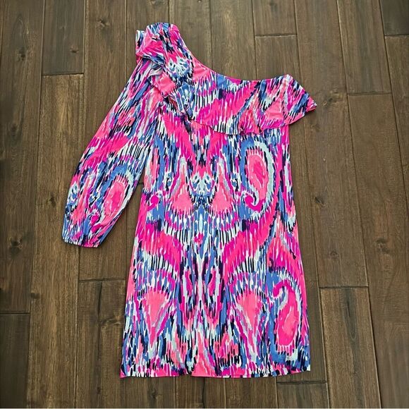 Lilly Pulitzer Amante Shift Dress Silk Jersey Free Spirit One Shoulder M - Picture 1 of 5